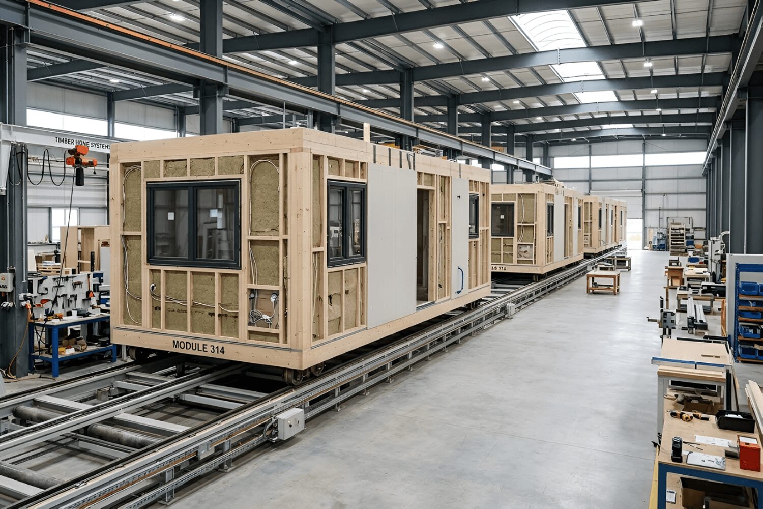 Elevated view of a modern factory with prefabricated timber-frame house modules on a rail-based production line.