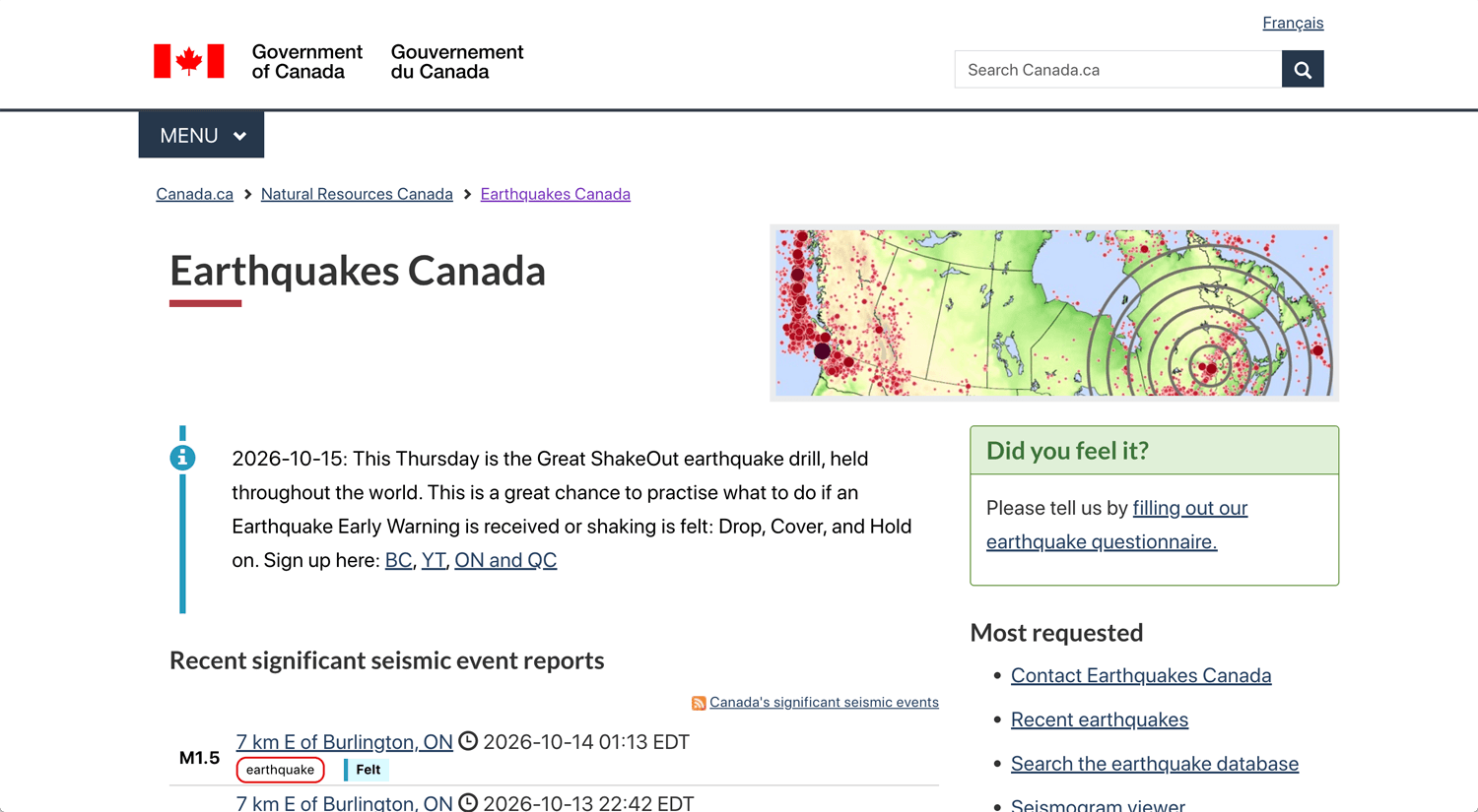 Earthquakes Canada Website